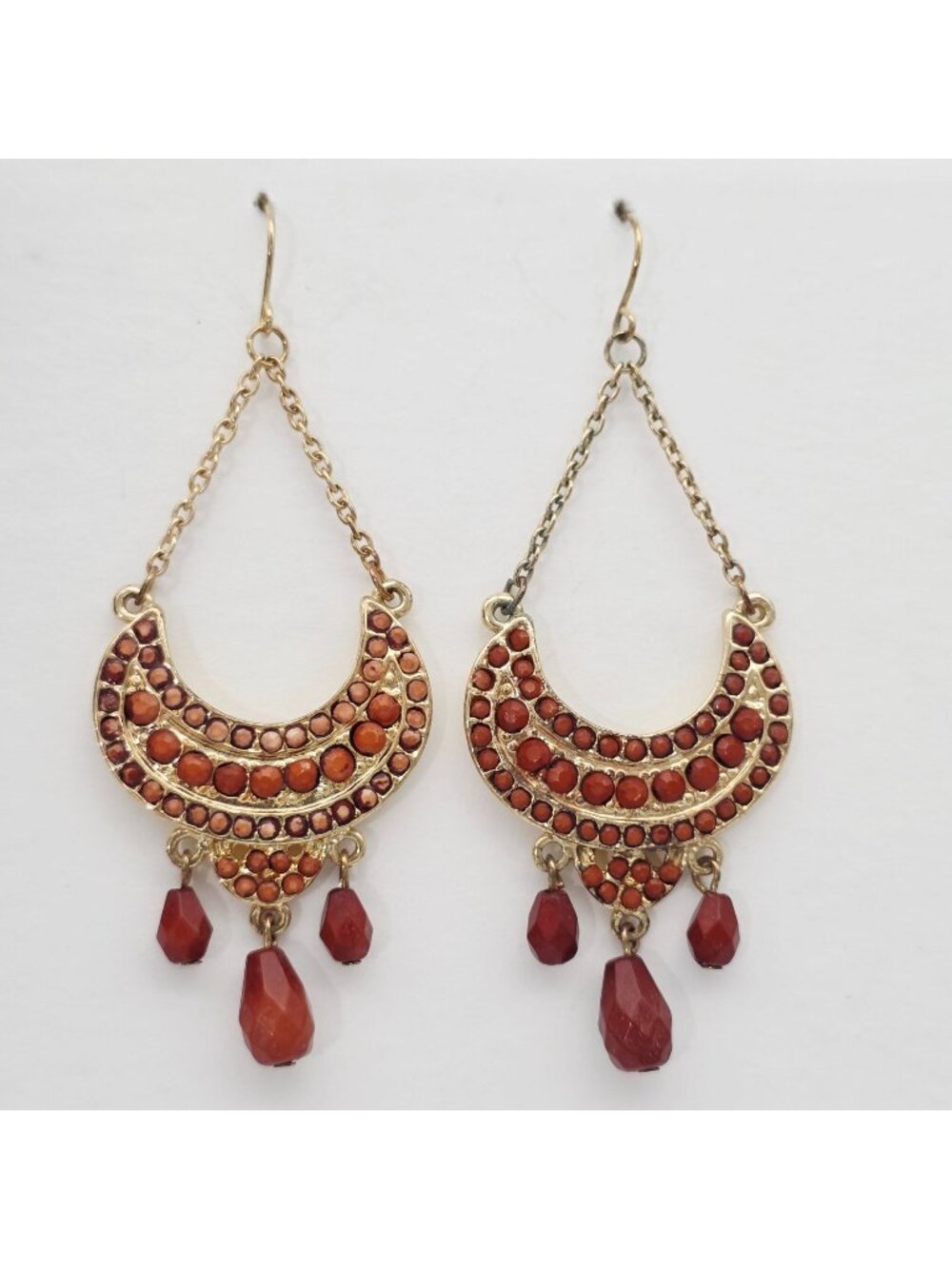 Boho Crescent Dangle Earrings With Brown Beads And Gold-Tone Chain